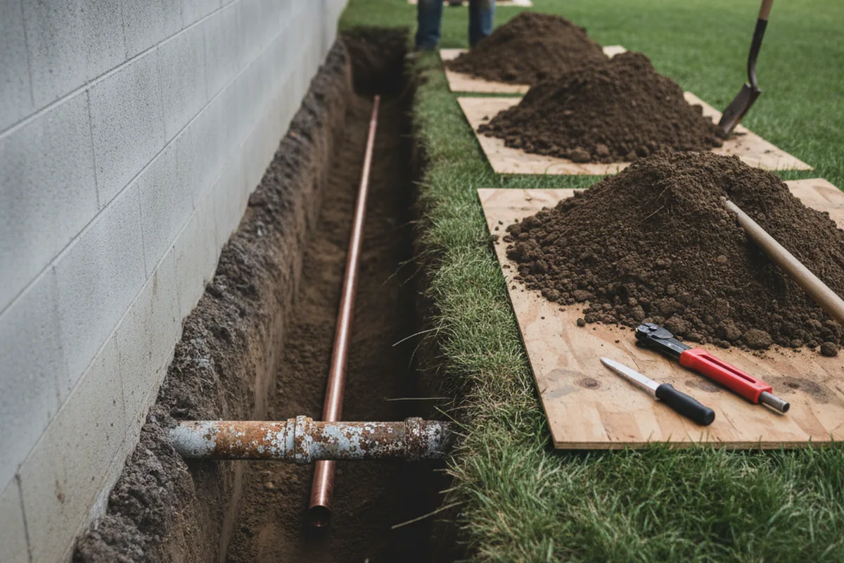 Excavated water line trench during Sewer Line Repair in Falling Waters